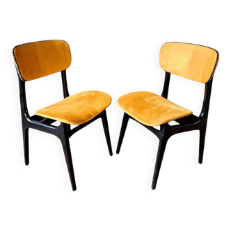 2 vintage chairs in black lacquered wood and yellow/mustard fabric, 1960