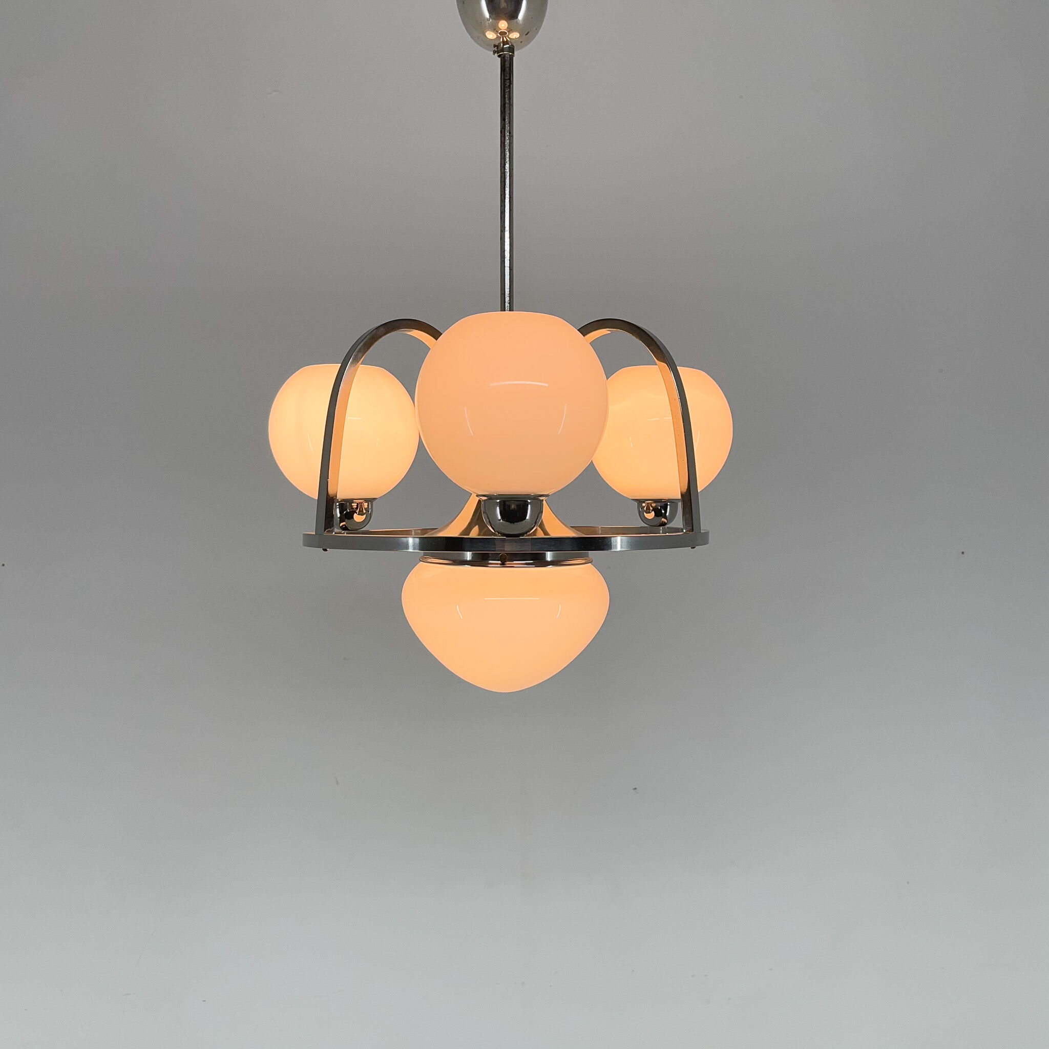Art Deco Chrom & Milk Glass Chandelier, Restored, 1930's
