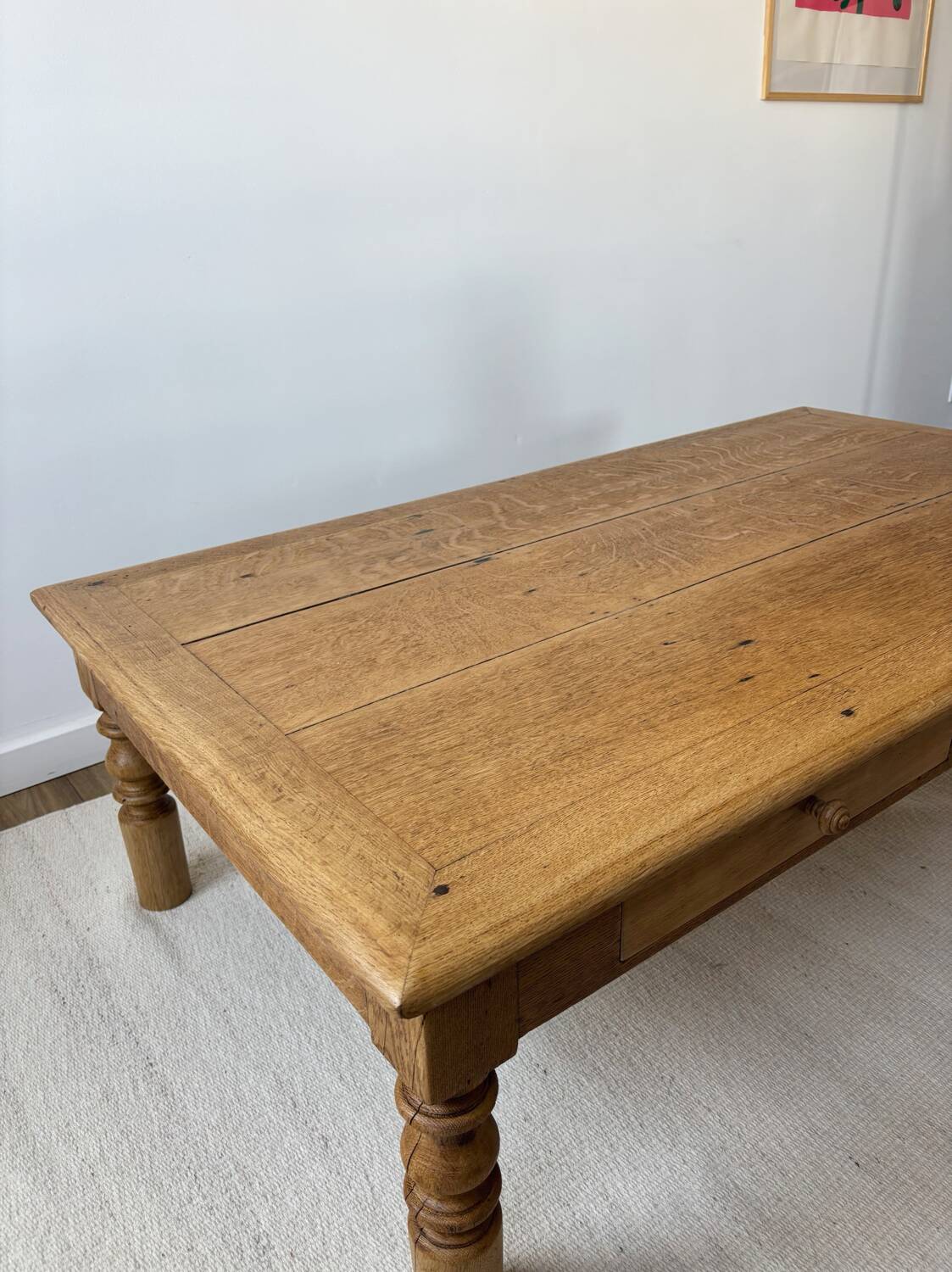 Large farmhouse-style coffee table with drawers, renovated oak.