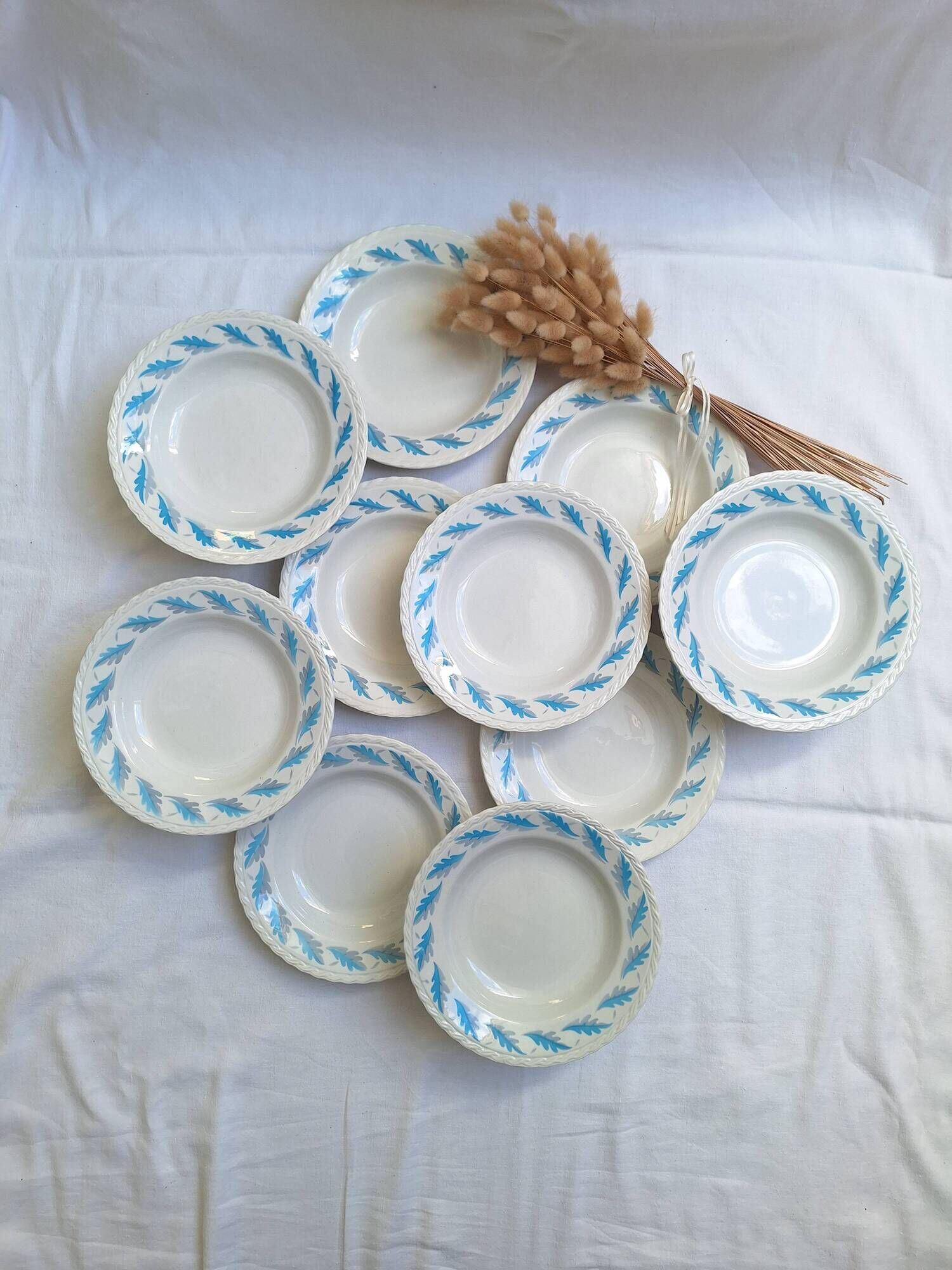 Deep plates in the Amandinoise style, blue oak leaves.