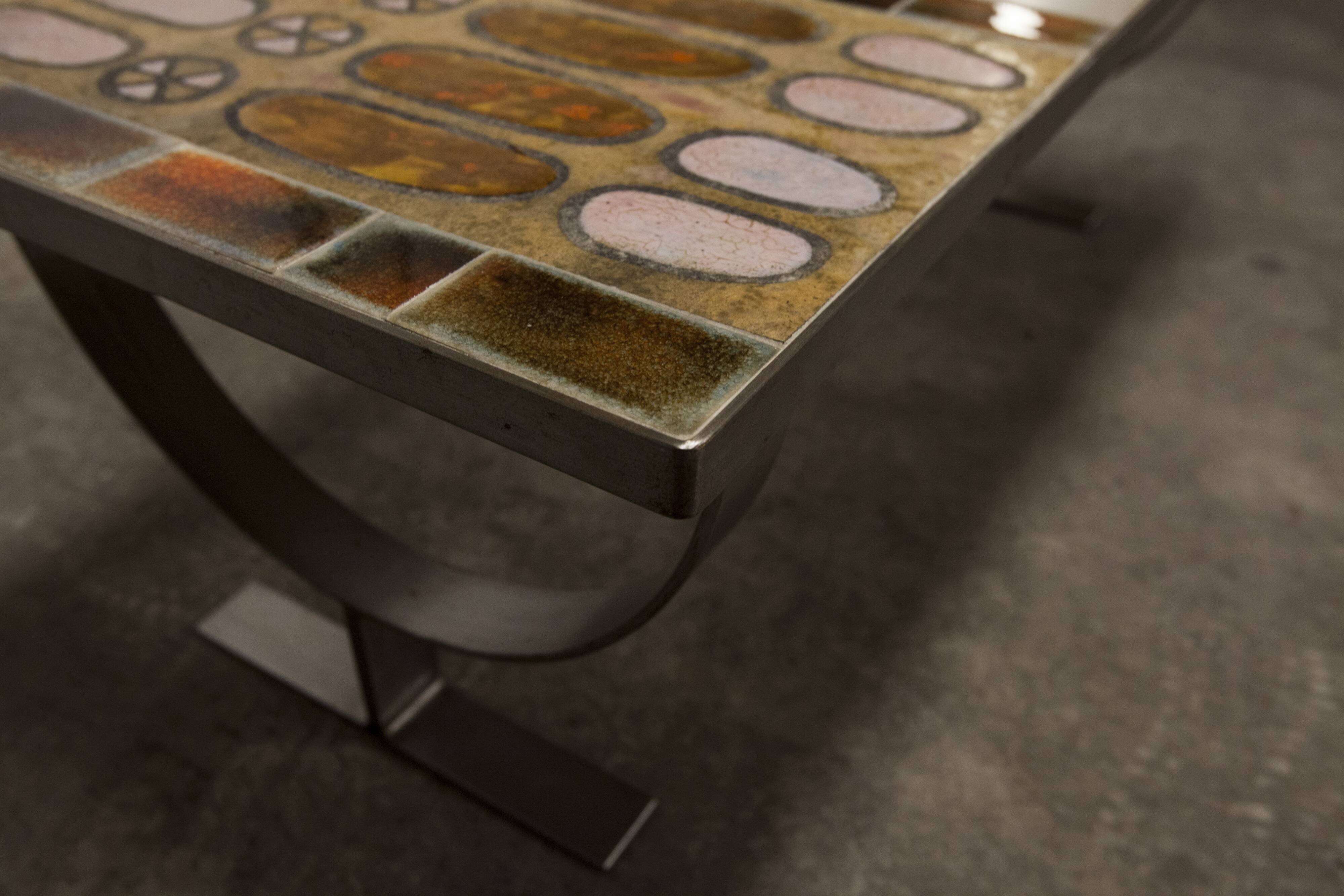 Ceramic coffee table and brushed steel Roche Bobois design Gregorieff 70s, 108x47cm