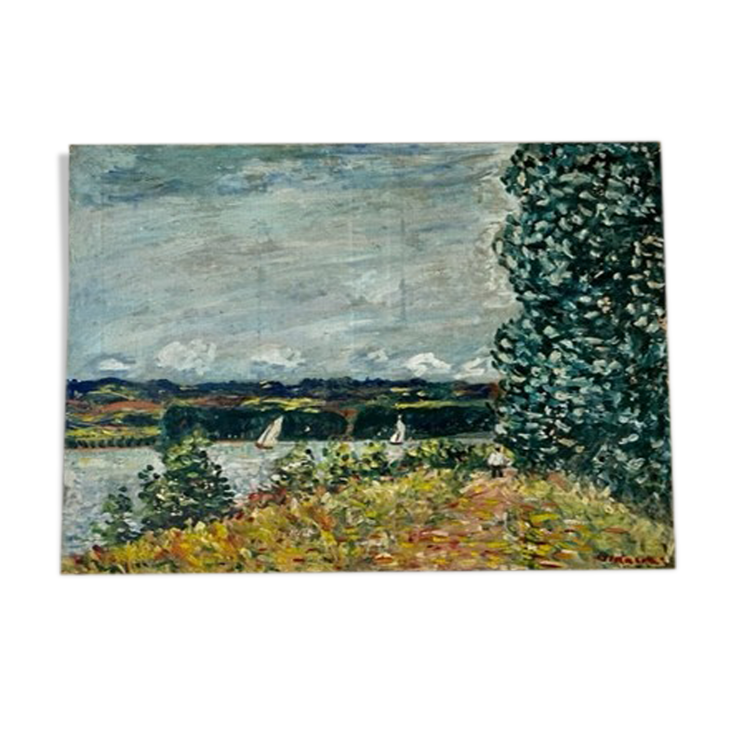 Oil on canvas landscape with 2 boats