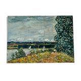 Oil on canvas landscape with 2 boats
