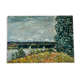 Oil on canvas landscape with 2 boats