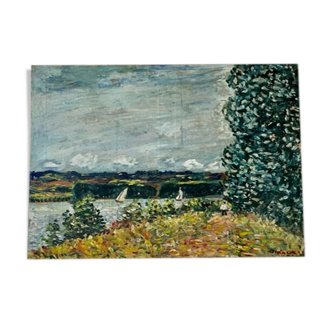 Oil on canvas landscape with 2 boats