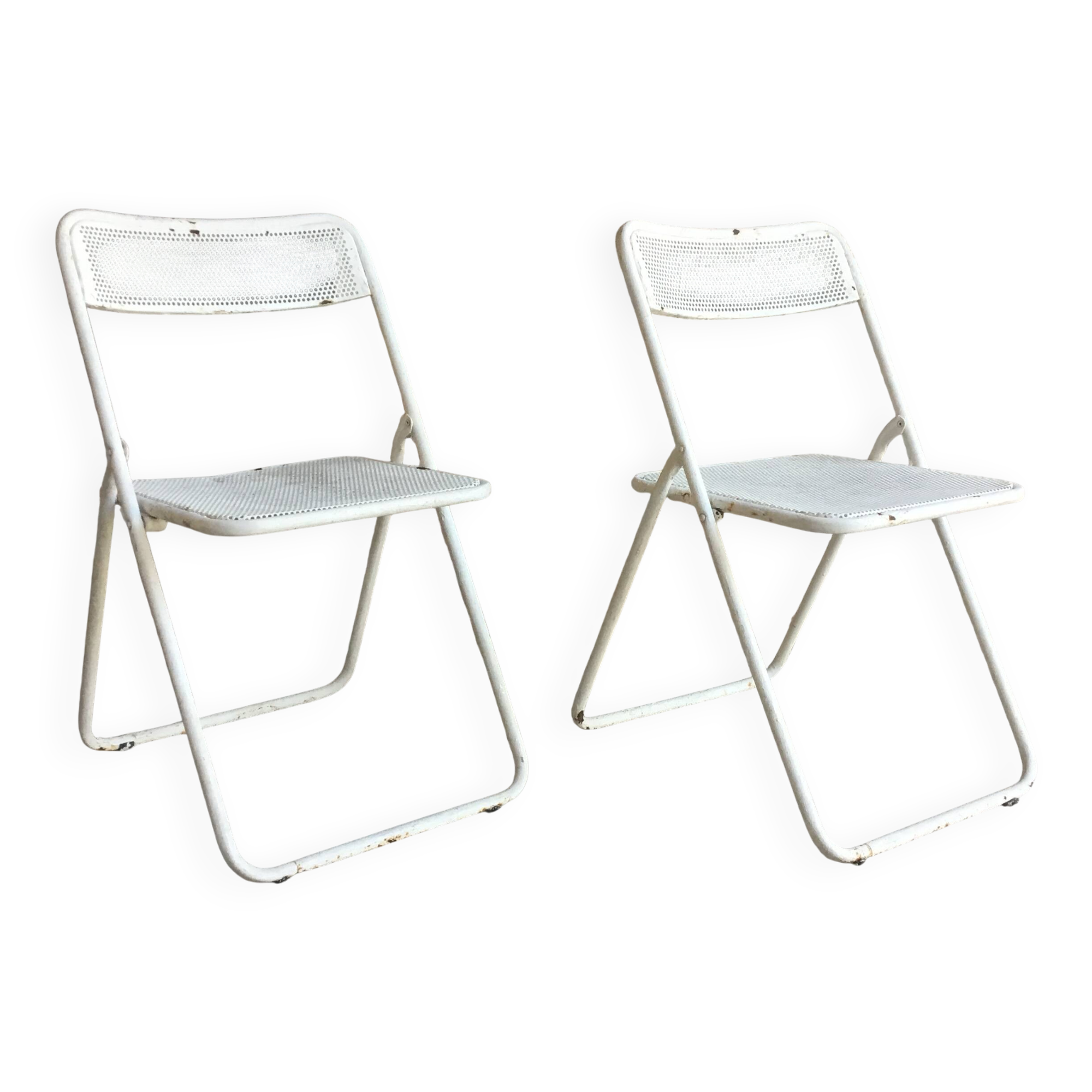 Pair of white perforated metal folding chairs - vintage