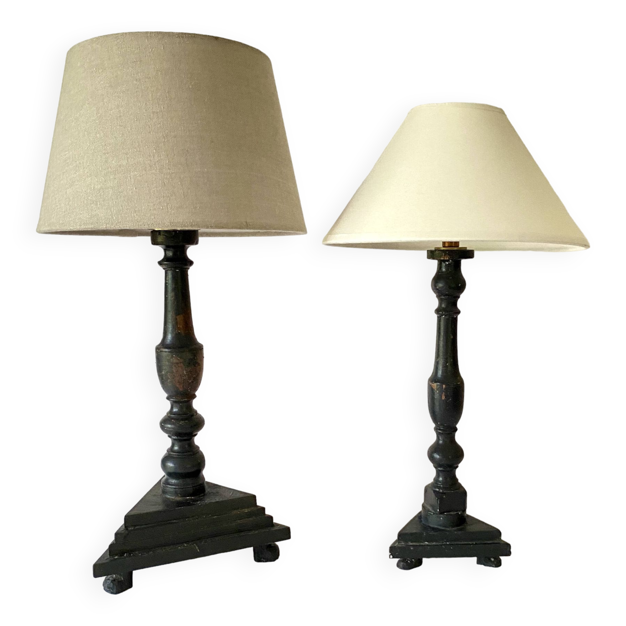 Duo wooden lamps, new 2 M fabric cables, lampshades