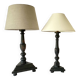Duo wooden lamps, new 2 M fabric cables, lampshades