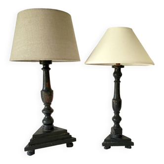 Duo lampes bois, câbles neufs en tissu 2 M, abat-jours