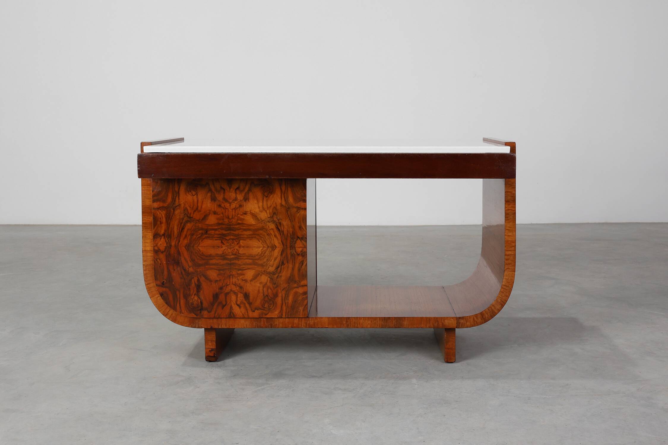 Belgian Art Deco Cabinet in Burl Veneer with Marble and Glass, circa 1930