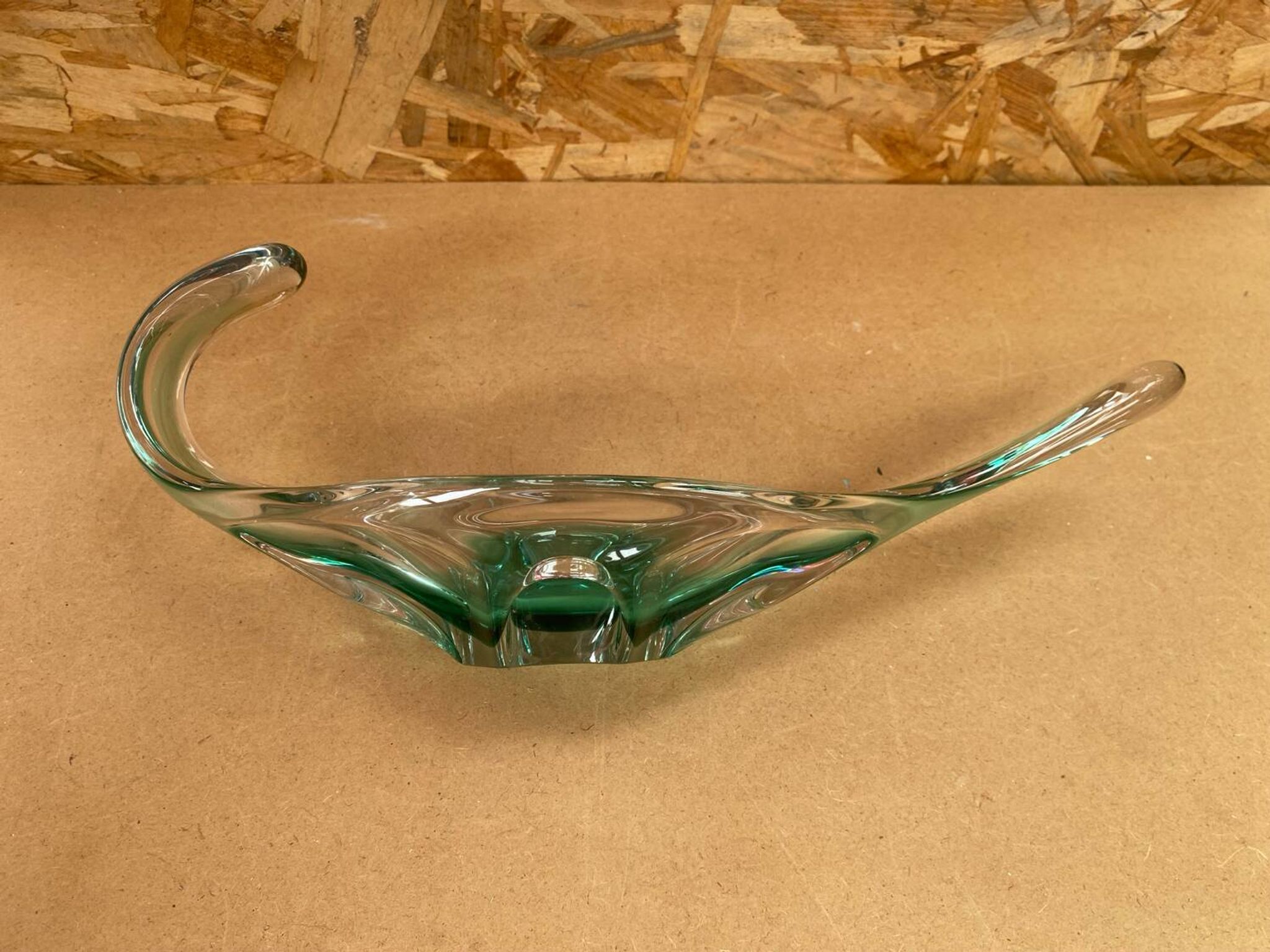 Ancien Vide Poche Coupe Cristal Vert & Transparent Vintage #B087