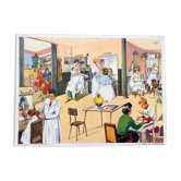 Affiche scolaire Rossignol Chez la Coiffeuse / A la Piscine vintage