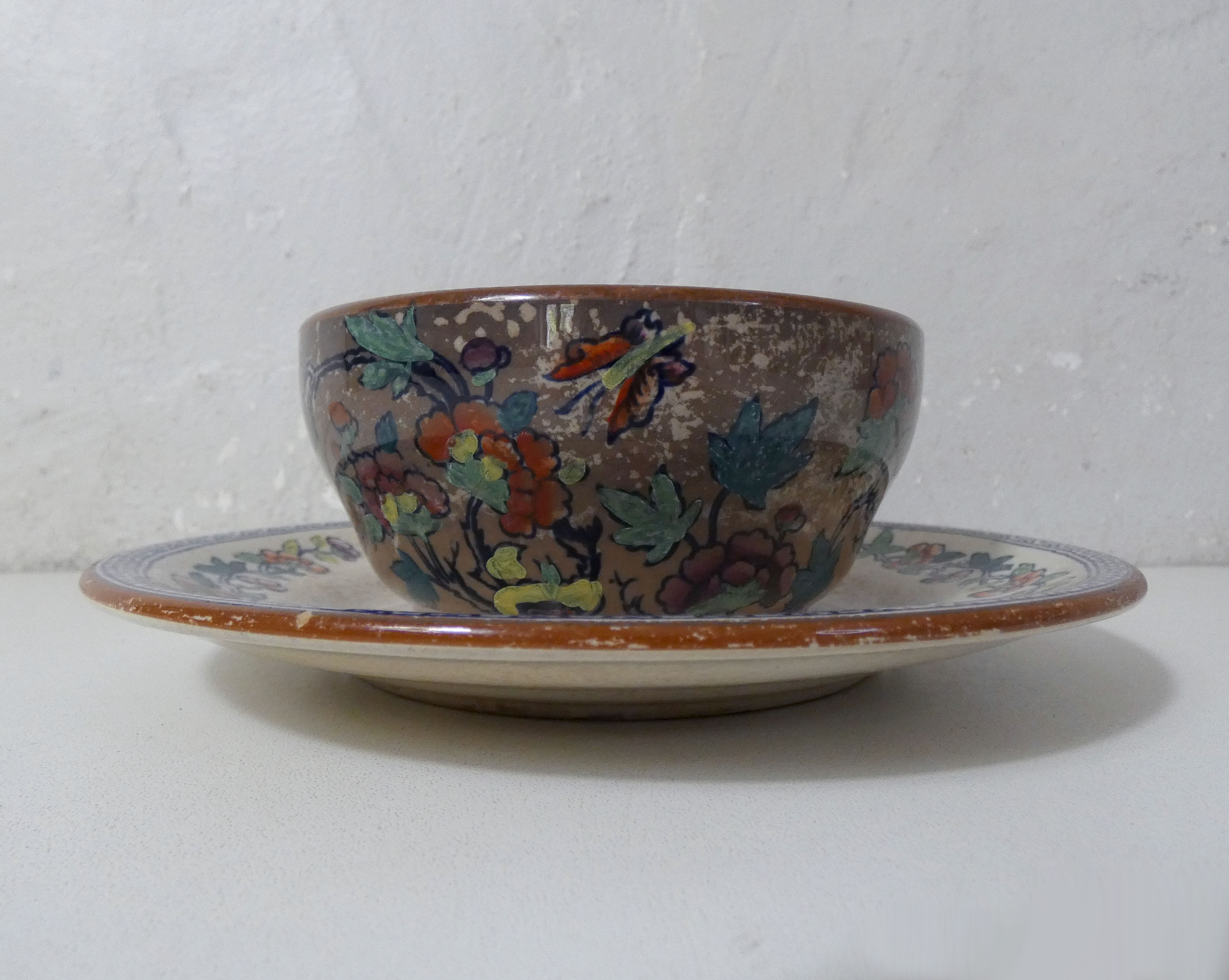 Sarreguemines old bowl with polychrome faience tray model NIPPON