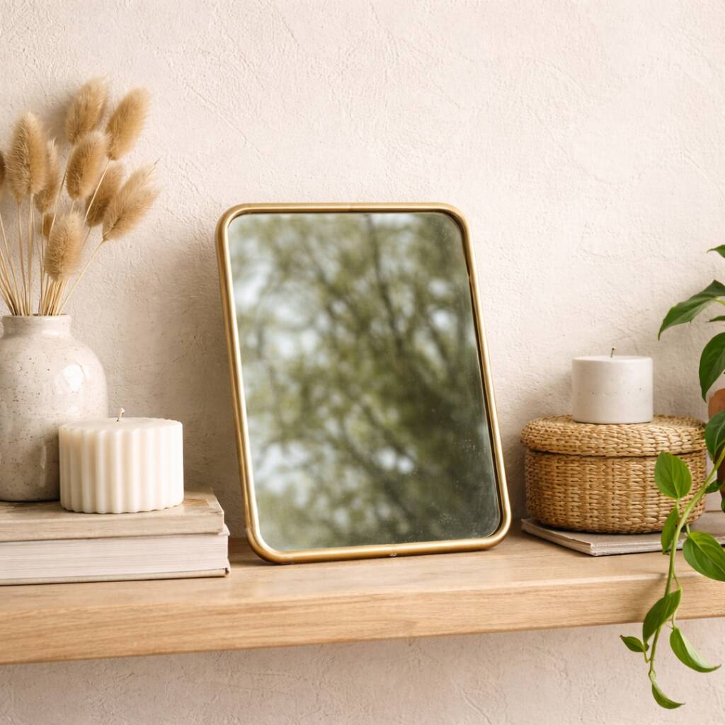 Small vintage tabletop mirror – gold metal frame in barber style