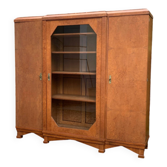 Art deco glass china cabinet in burr walnut 1930