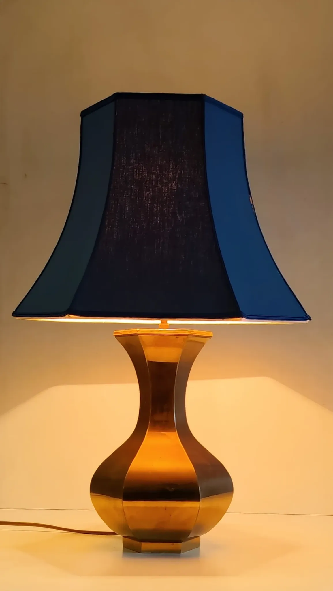 70's design table lamp in gold brass and blue fabric