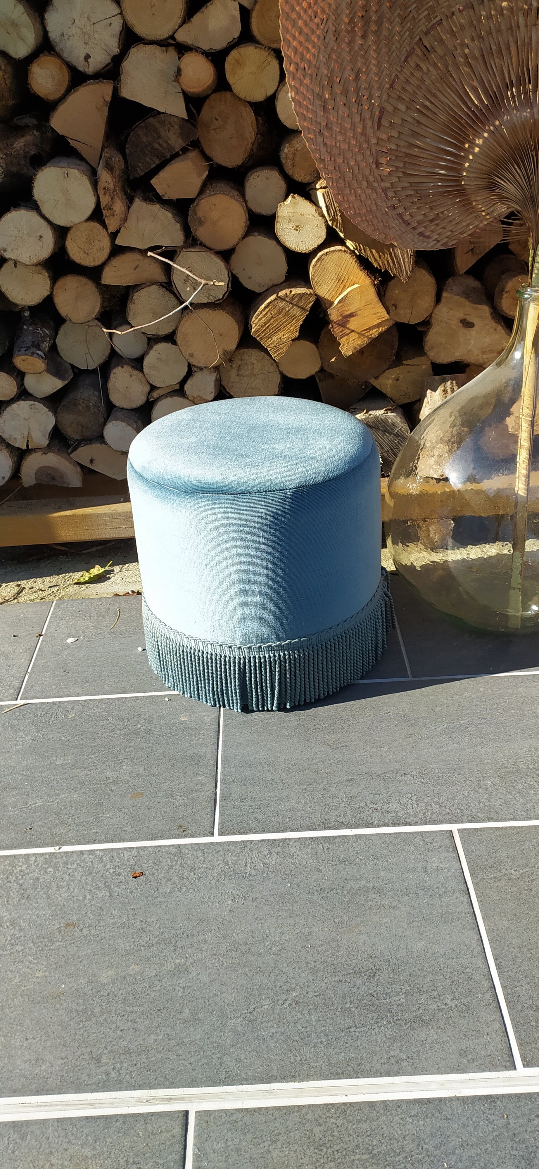 Vintage blue velvet pouf