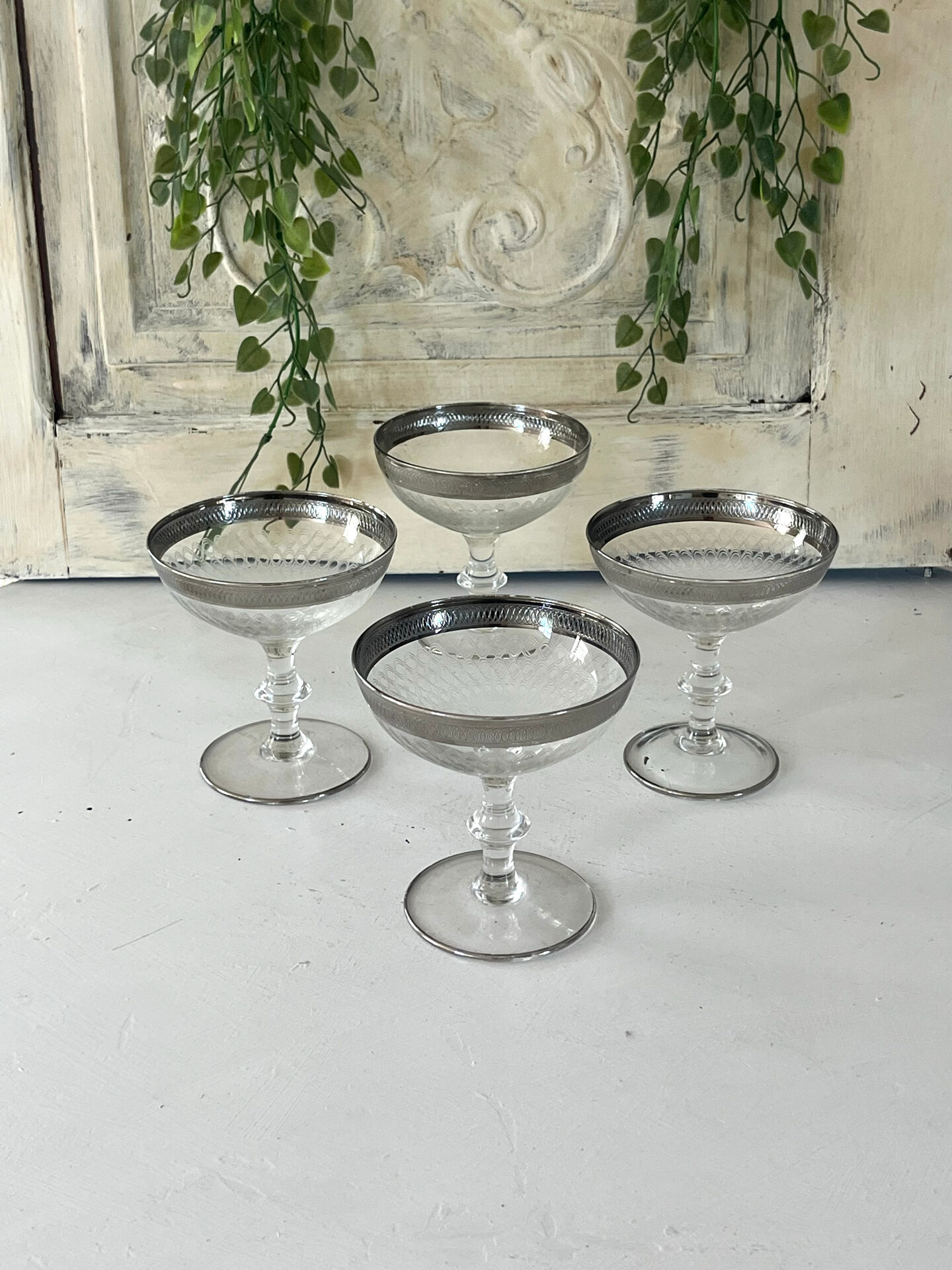 Etched silver rim cocktail coupe glasses set mid century barware