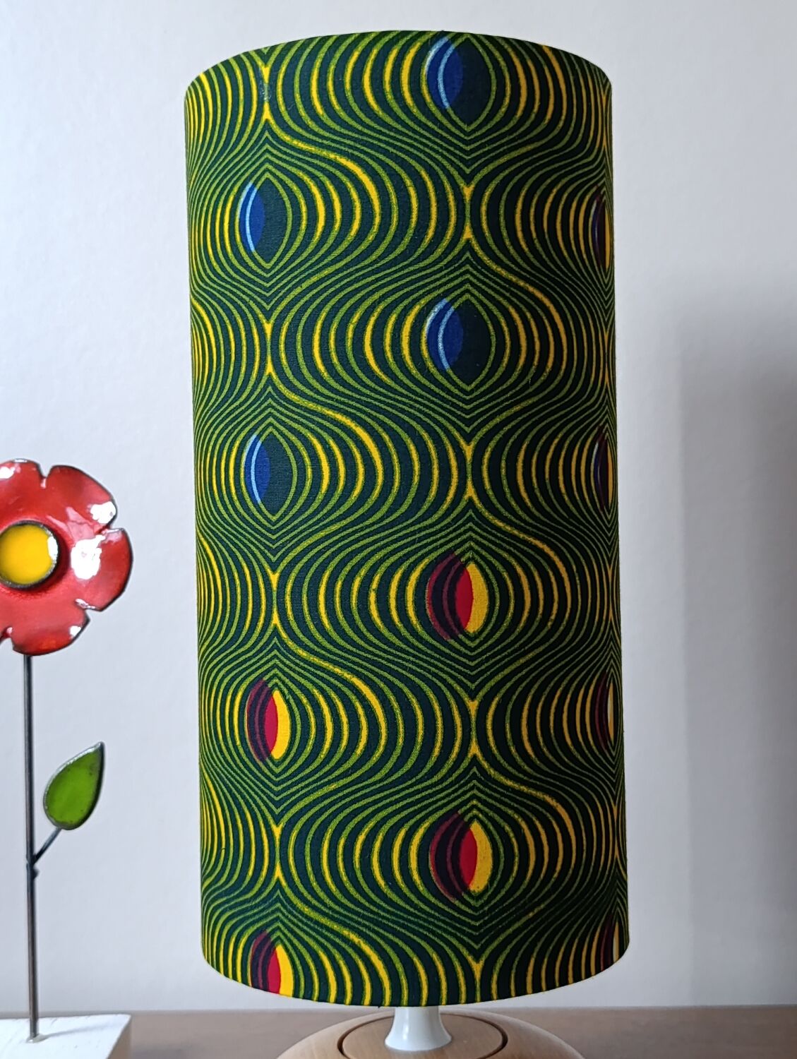 solid wood Scandinavian base lamp, hypnotic printed lampshade