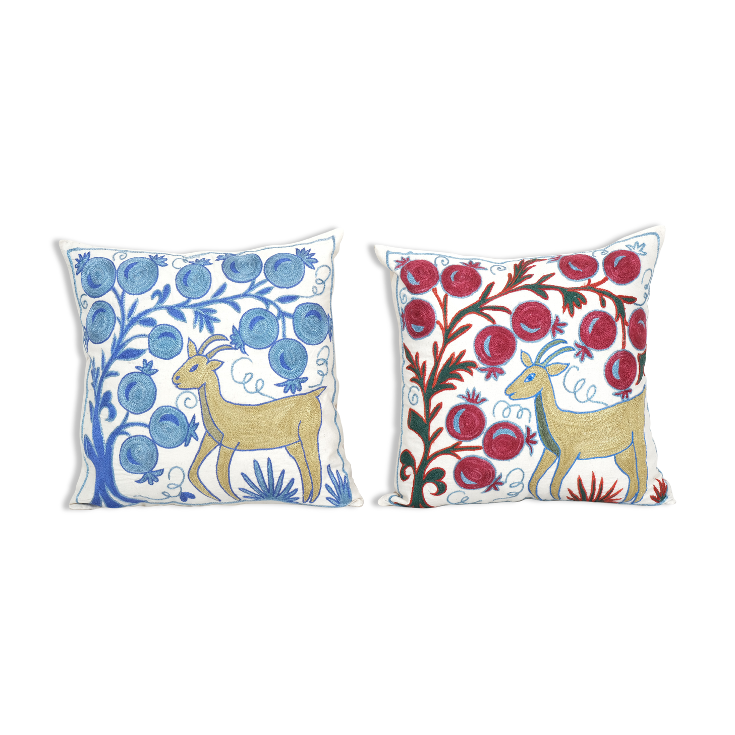 Uzbek Suzani Square Cushion Cover with Animal Motif, Tree of life Deer Pictorial Suzani Pillow Case