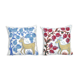 Uzbek Suzani Square Cushion Cover with Animal Motif, Tree of life Deer Pictorial Suzani Pillow Case
