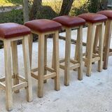 Square high bar stools in solid wood with burgundy leather 83cm