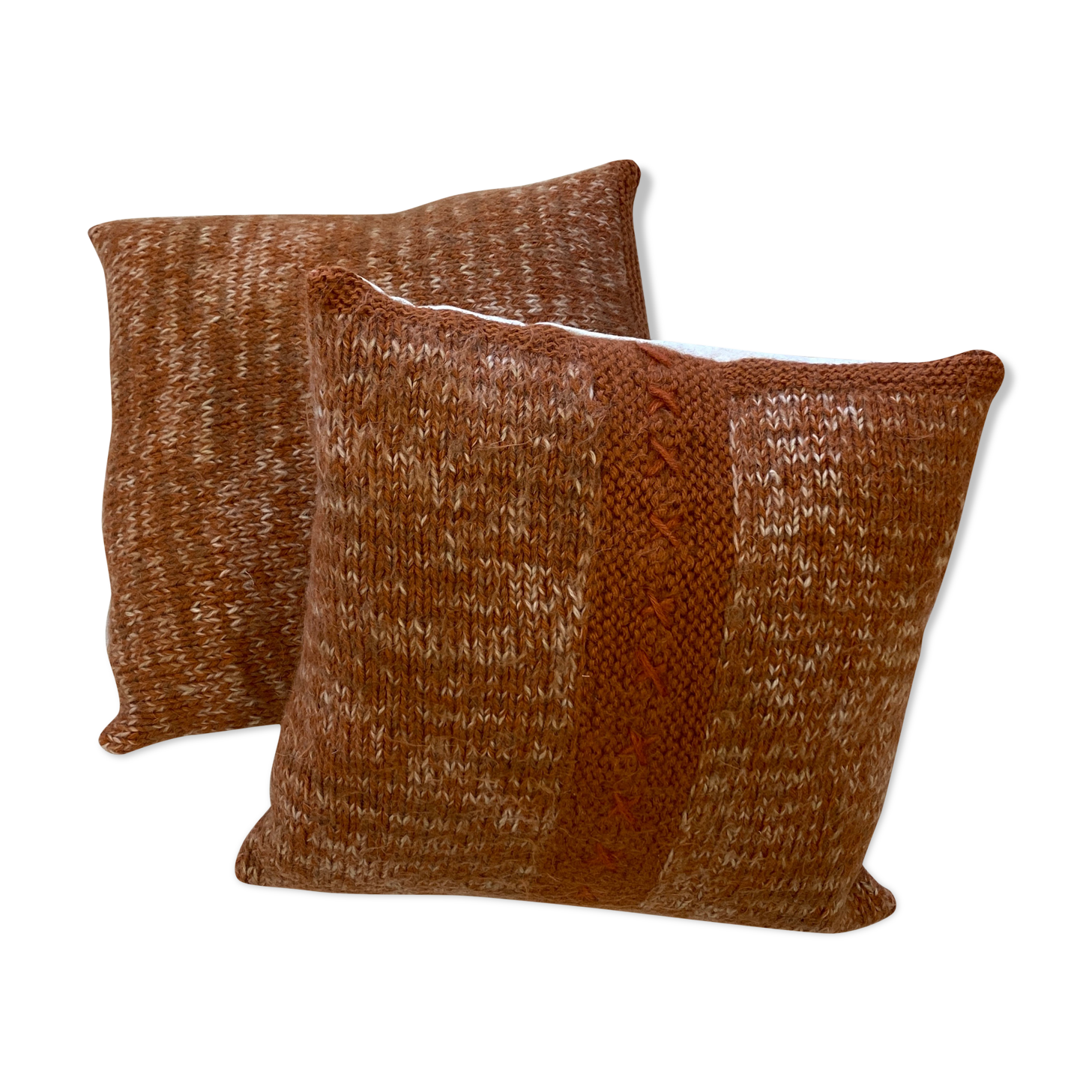 Pair of retro terracotta wool knit cushions