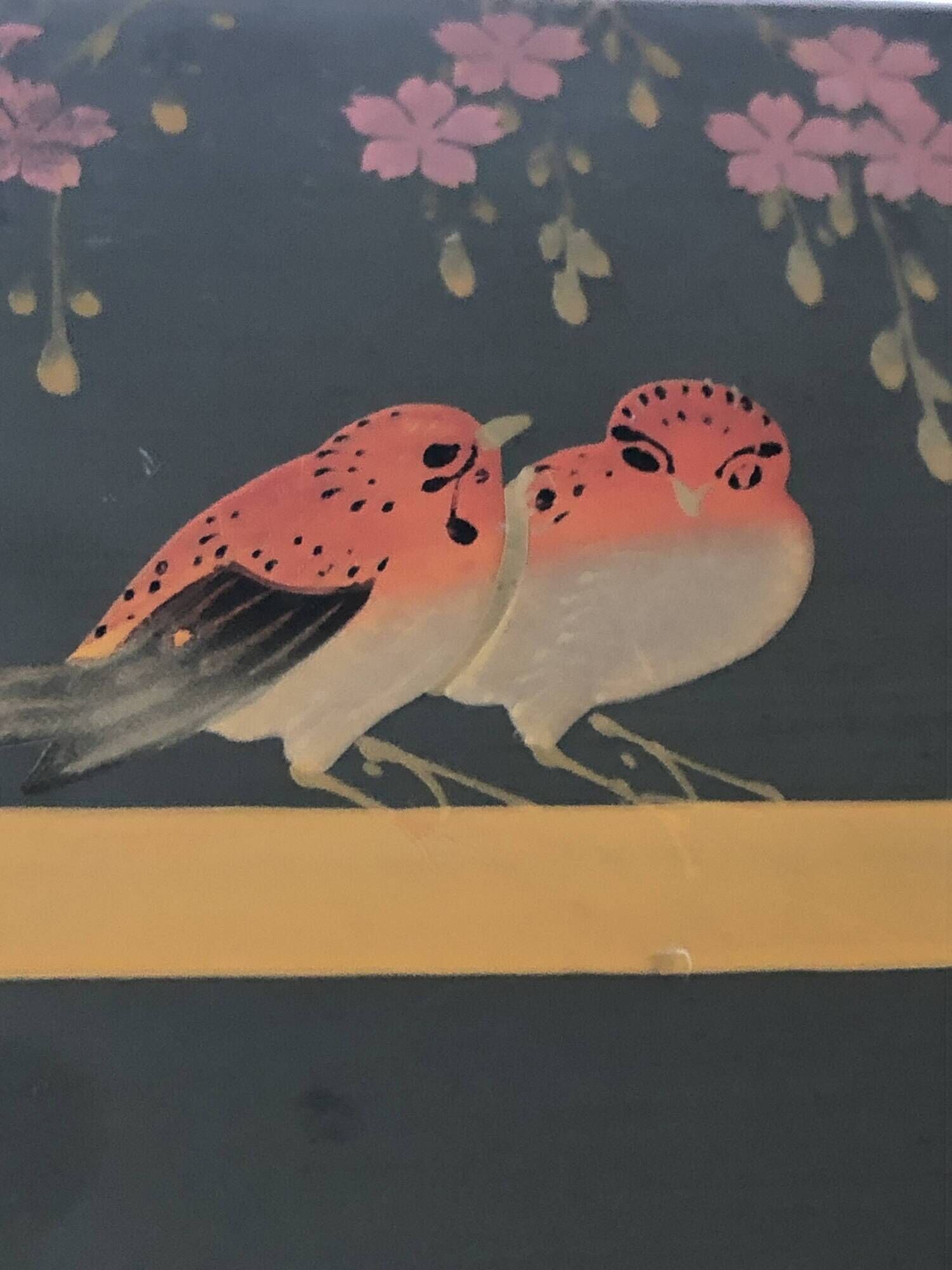 coffret/boite à bijoux en bois laqué vert à décor d'oiseaux sous la glycine