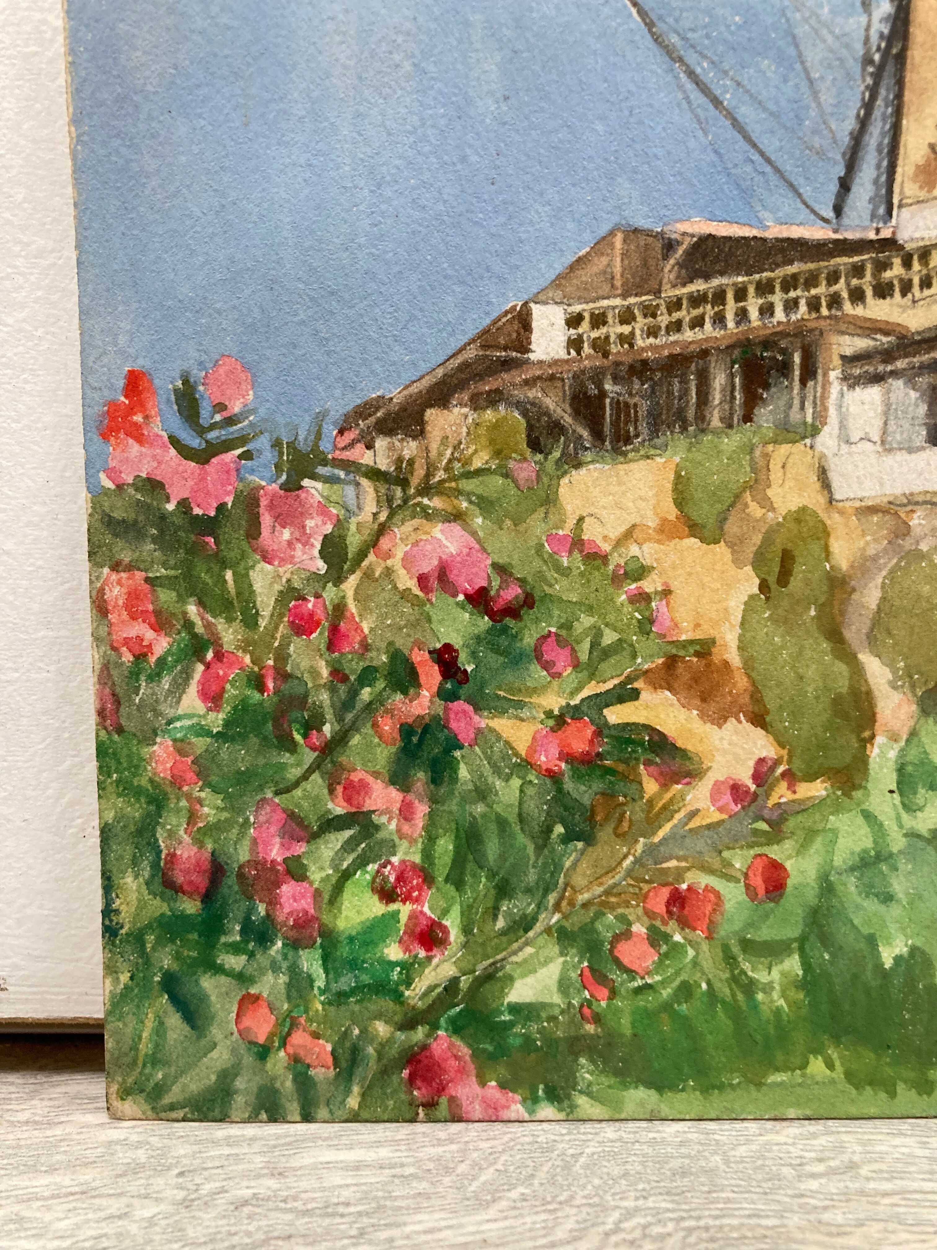 Watercolor landscape with vintage mills
