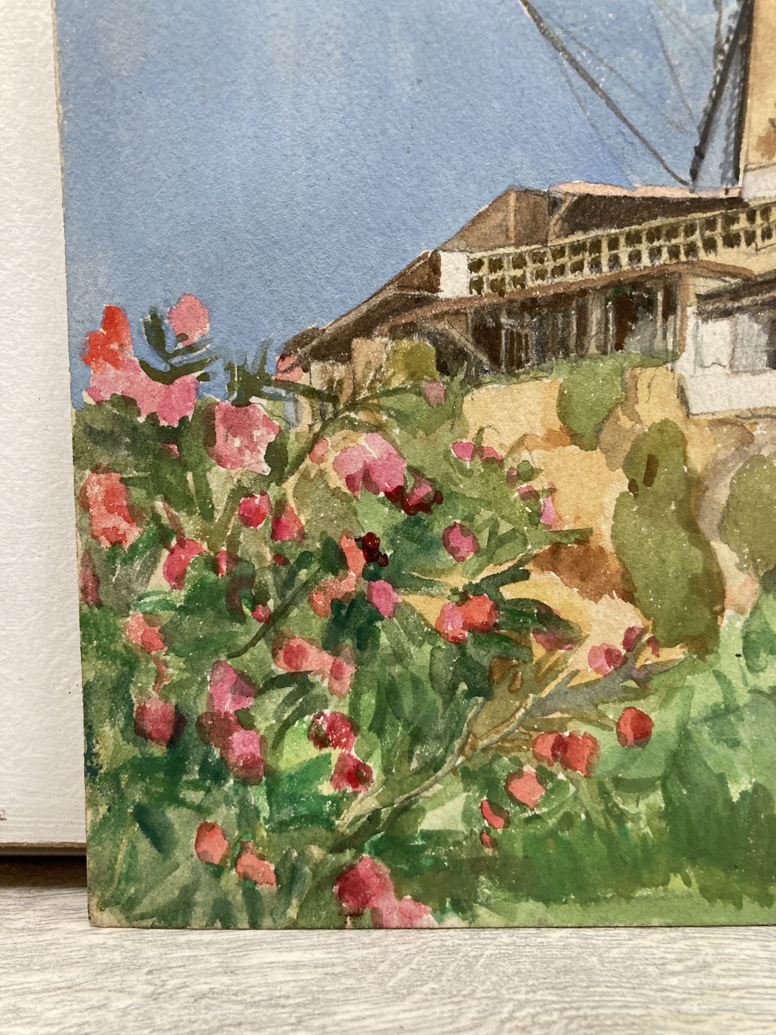 Watercolor landscape with vintage mills