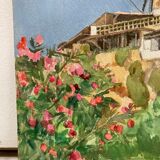 Watercolor landscape with vintage mills