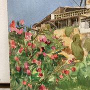 Watercolor landscape with vintage mills