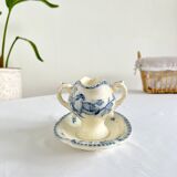 Saucière porcelain stamped Lunéville with double ivory and blue handles