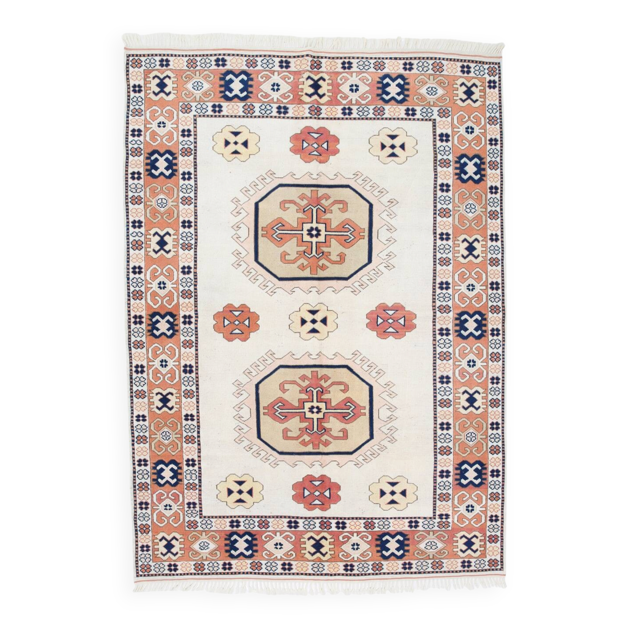 Beige & Pumpkin Orange Antique Vintage Rug Made in Anatolian, 202x284 Cm