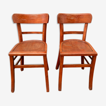 Pair of wooden bistro chairs with orange patina, 1950s