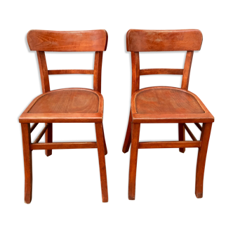 Pair of wooden bistro chairs with orange patina, 1950s