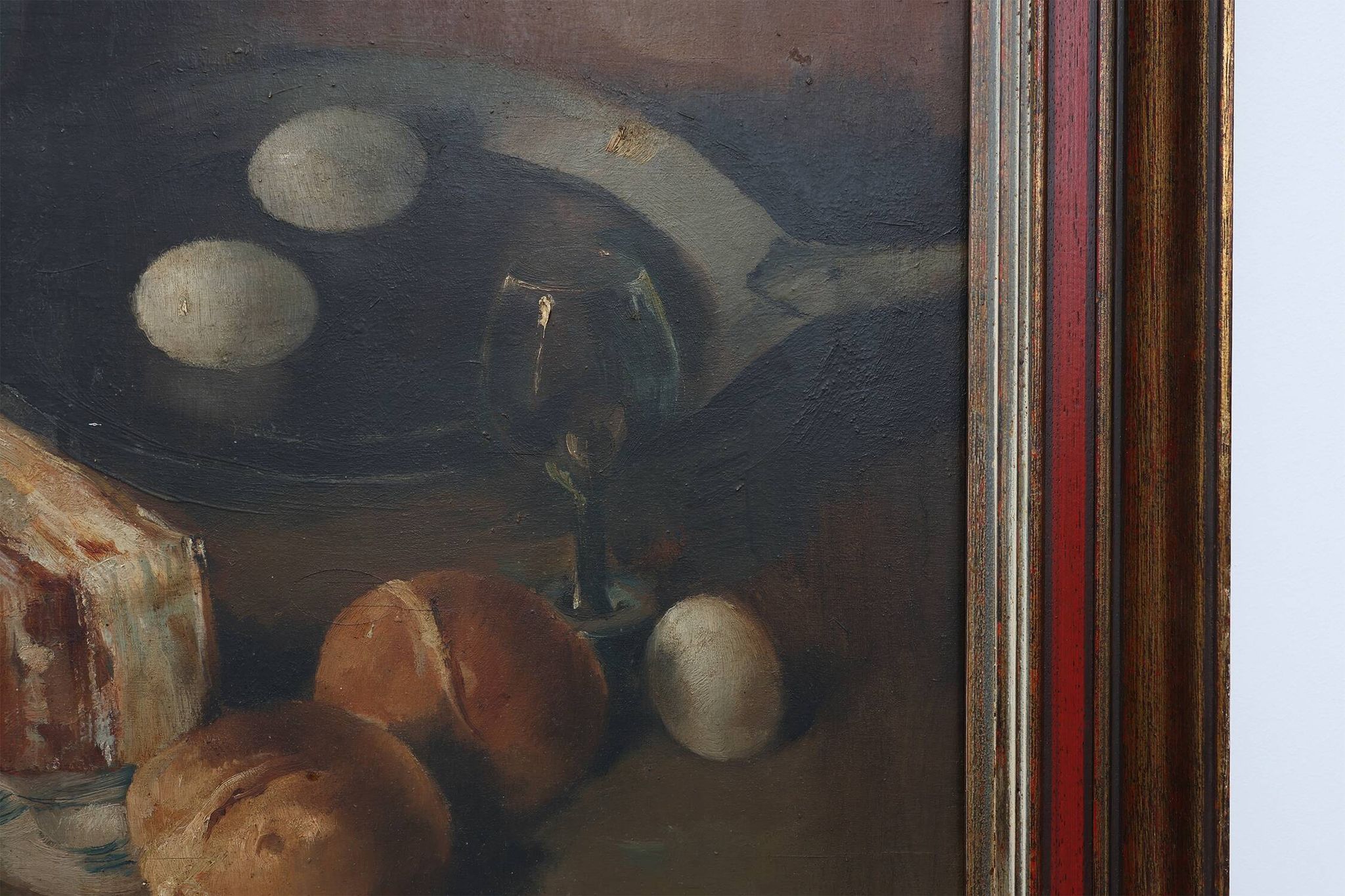 Flemish realist still life with ham, eggs and bread, signed and dated