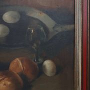 Flemish realist still life with ham, eggs and bread, signed and dated