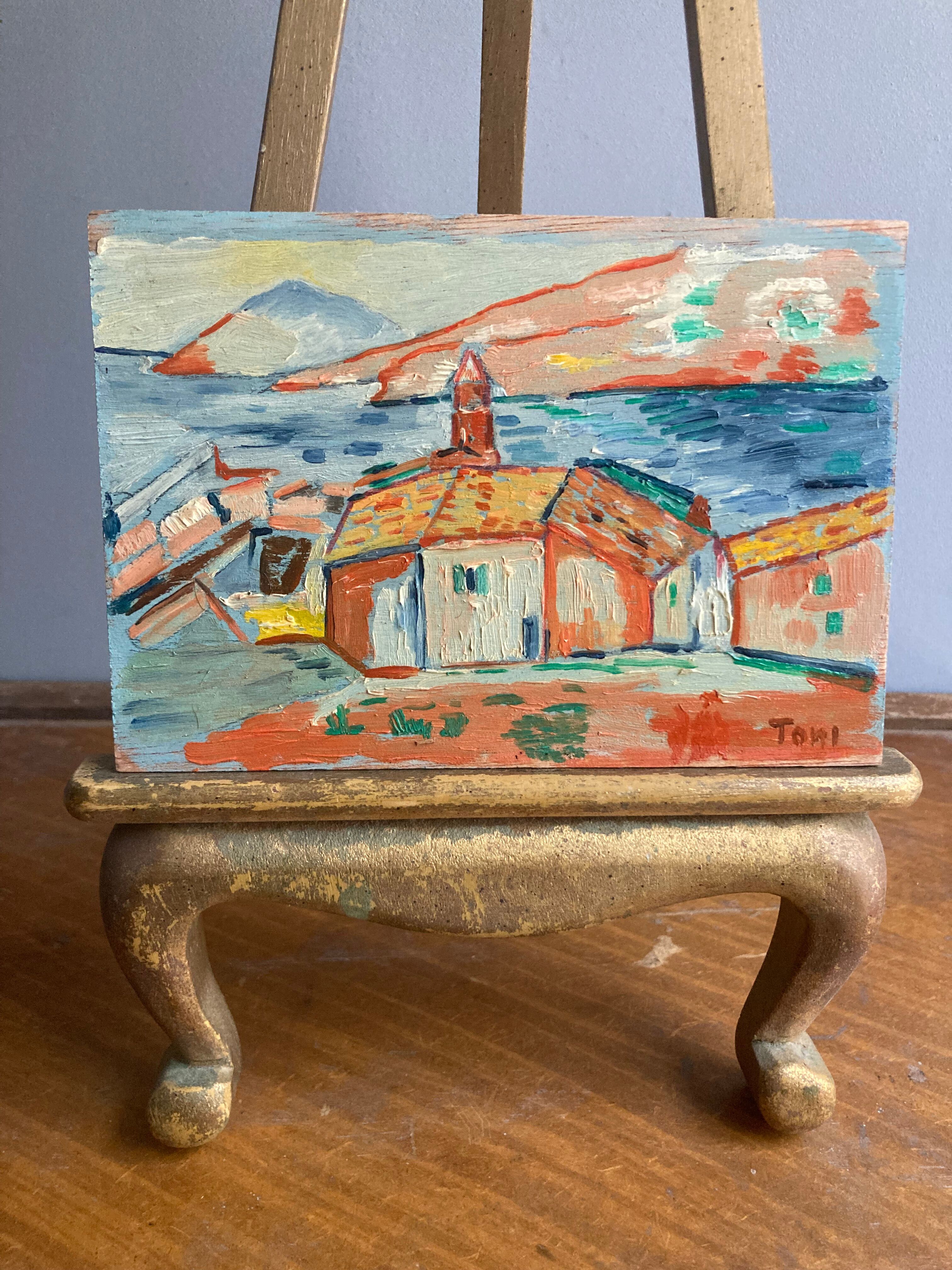 Vintage French painting. Oil on board.