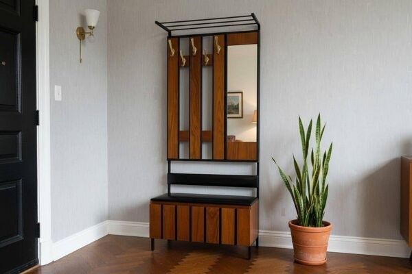 Porte-manteau vintage en bois, autoportant, avec miroir et espace de rangement