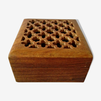 Square wooden box, open, carved, from India