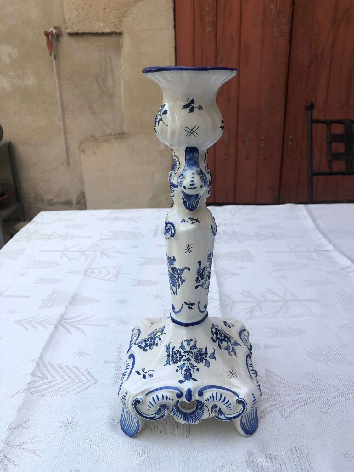 Hand-painted Moustiers porcelain candle holder