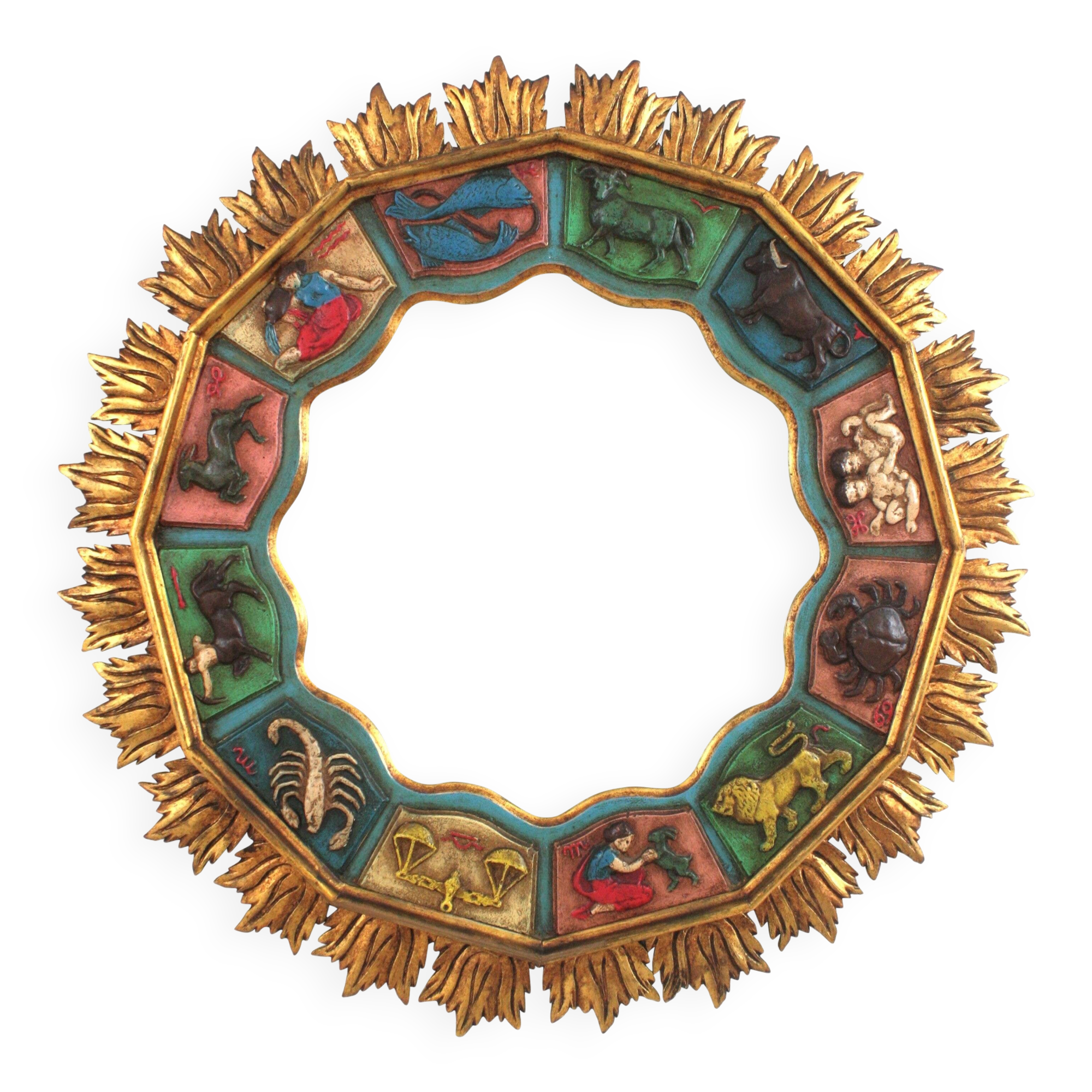 Spanish Zodiac Sunburst Mirror with Sculpted Red Giltwood Frame, Arnolfini, 1950s