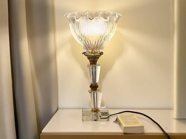 Lampe à poser pied cristal tulipe verre Holophane vintage