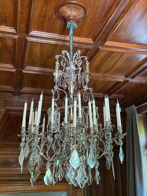 Louis XV style cage chandelier with thirty lights in silver metal