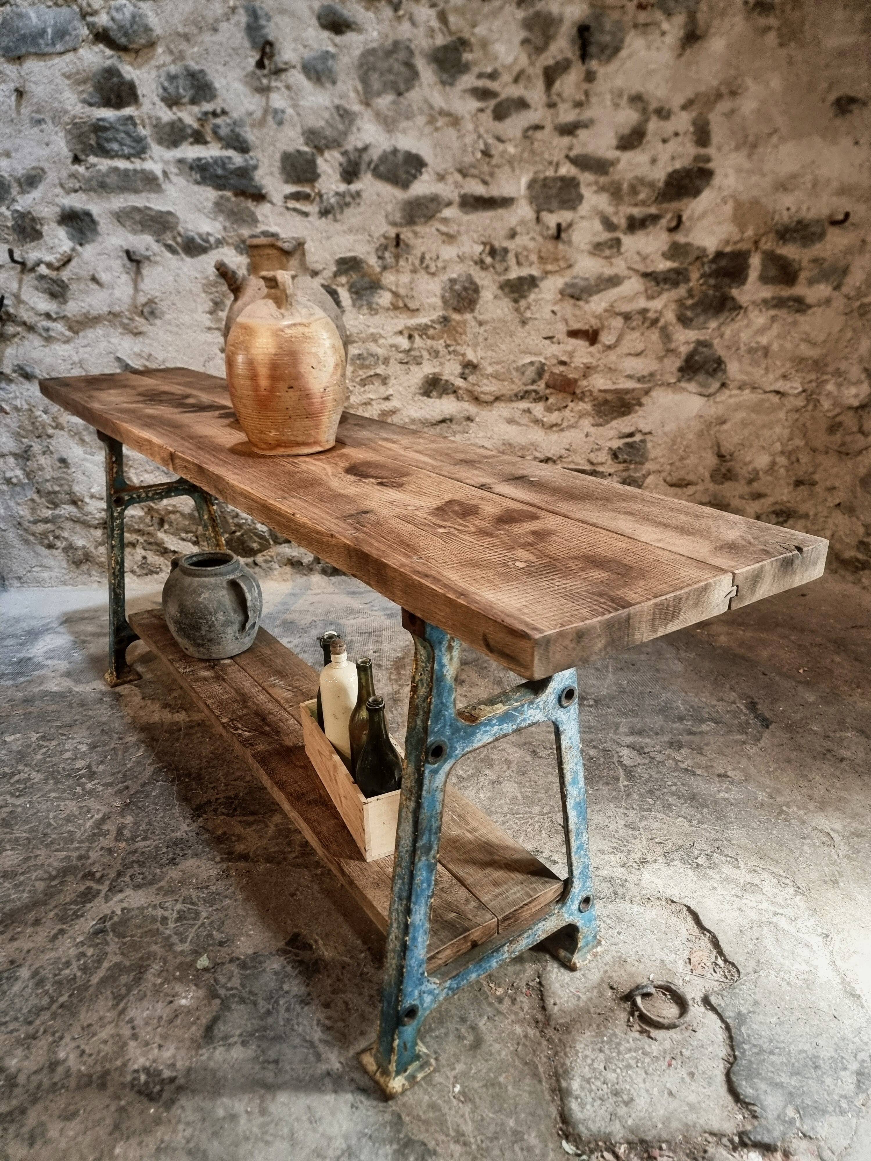 Industrial kitchen island / console table with a cast iron base – France, mid-20th century