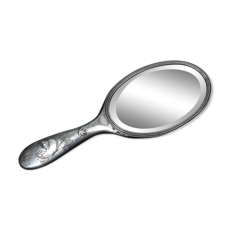Old hand mirror art new silver poppy decoration minerve monogram