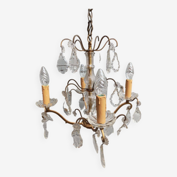 Remarkable 4-light cage chandelier with crystal pendants, complete in working order