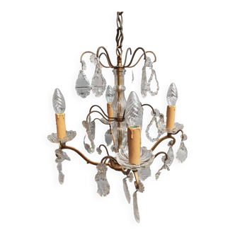 Remarkable 4-light cage chandelier with crystal pendants, complete in working order