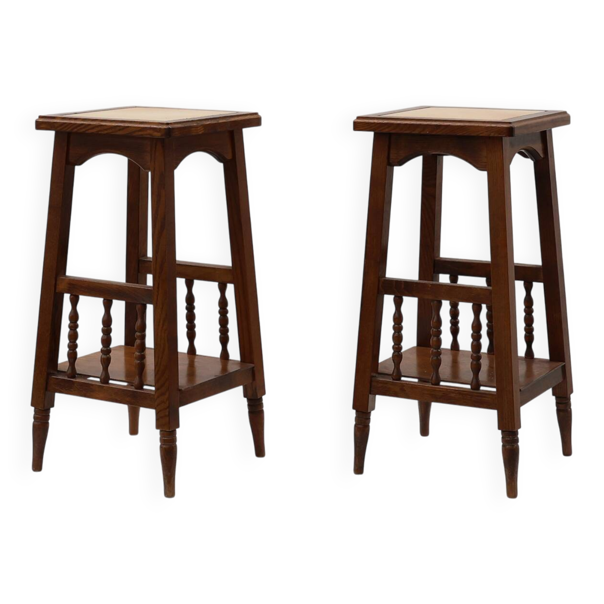 Pair of 20th century rustic wooden side tables with ceramic tile top